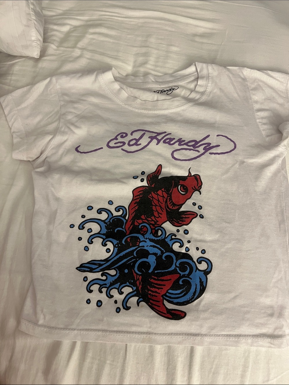 Ed Hardy White Tee with Red Koi and Blue Wave Graphic